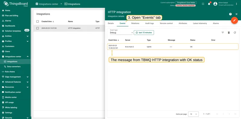 Events tab showing the message received from TBMQ HTTP integration