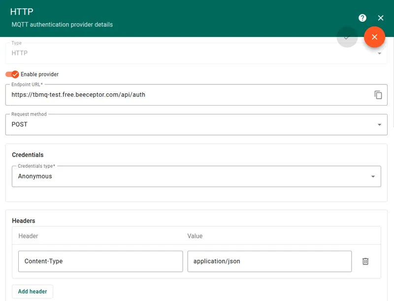 Configure HTTP provider Endpoint URL, Request method and Credentials
