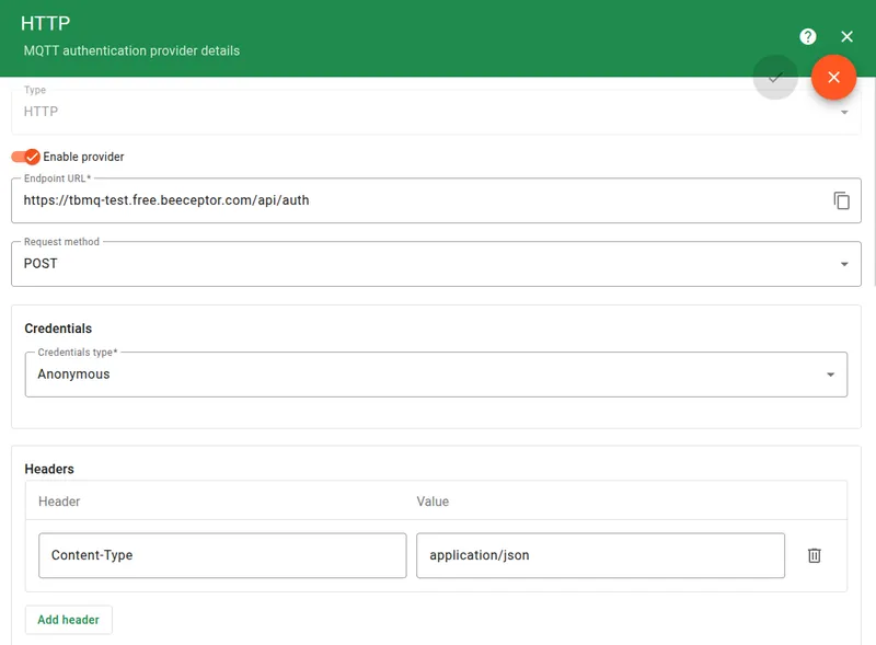 Configure HTTP provider Endpoint URL, Request method and Credentials