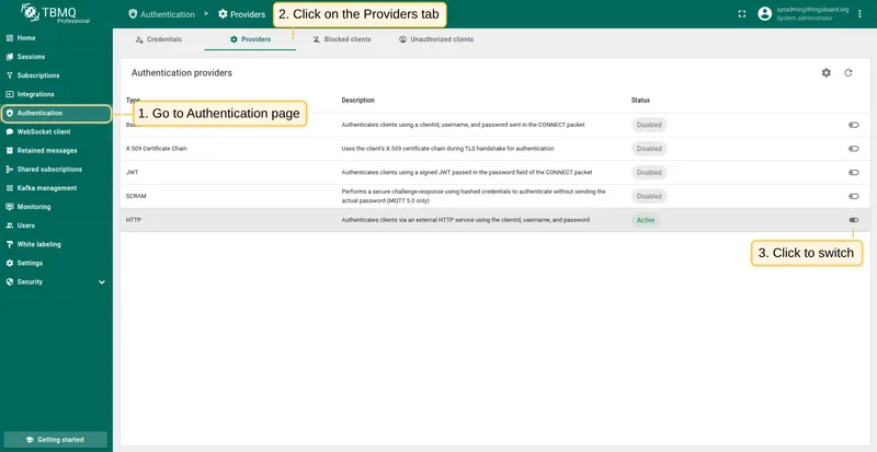 Toggle HTTP authentication provider from the Providers table