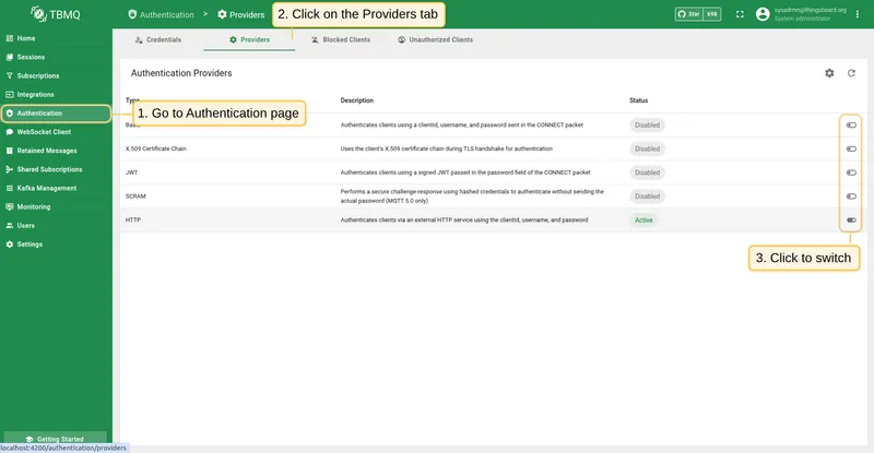 Toggle HTTP authentication provider from the Providers table