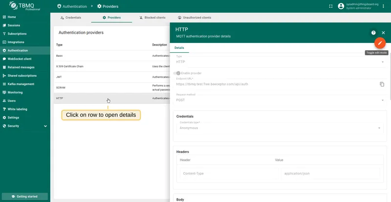 Open the HTTP provider configuration page