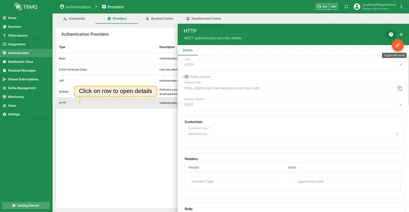 Open the HTTP provider configuration page