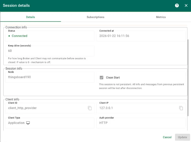 Session details showing client authenticated via HTTP provider with APPLICATION type