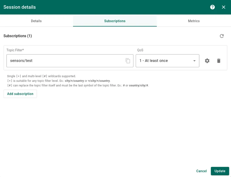 Session subscriptions list