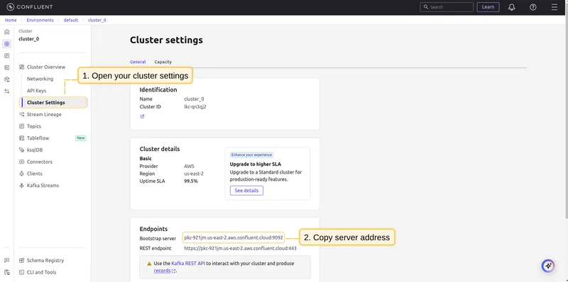 Confluent Cloud cluster settings — copy bootstrap server URL