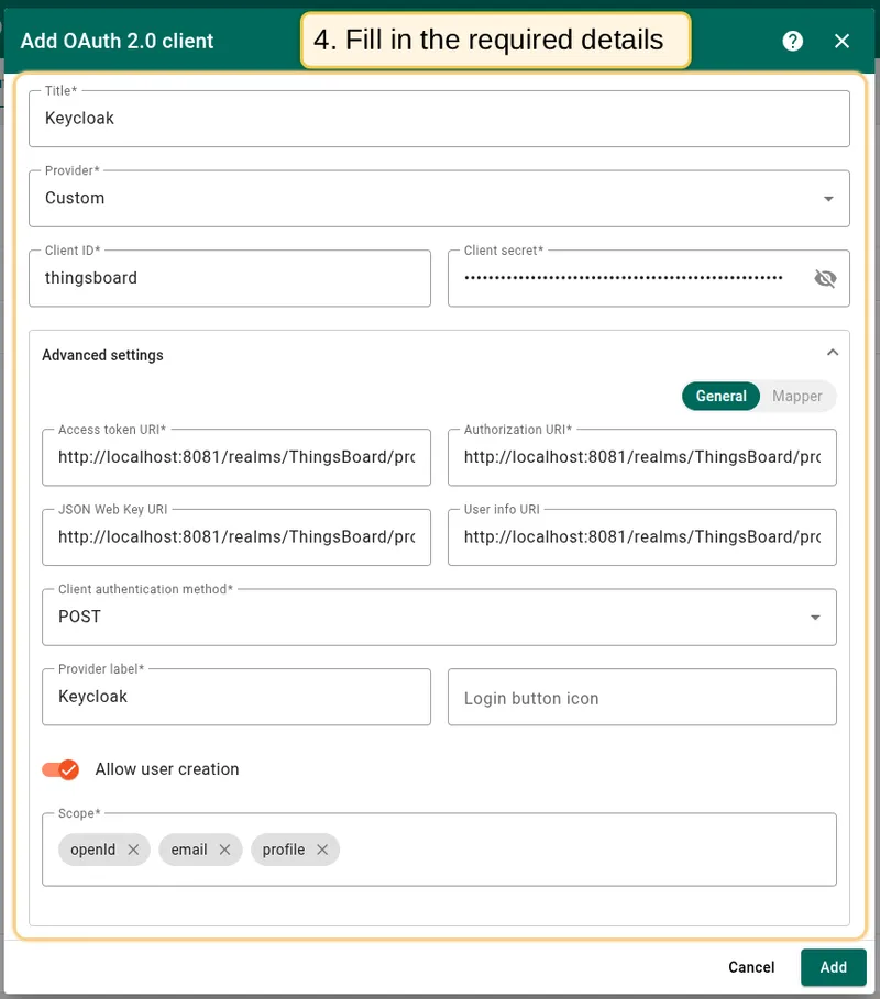 Configure Keycloak OAuth 2.0 client settings