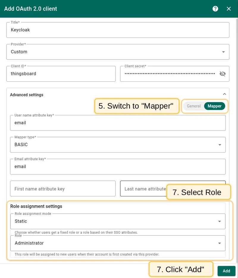 Configure mapper block for Keycloak OAuth 2.0 client