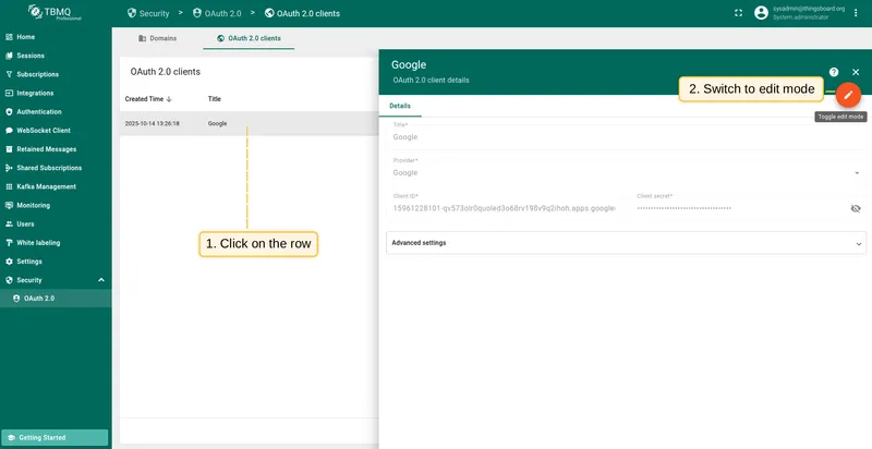View OAuth 2.0 client details and switch to editing mode