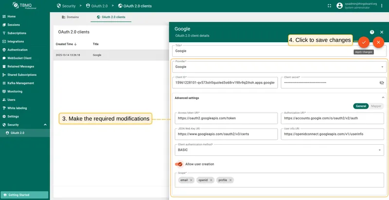 Edit OAuth 2.0 client and save changes