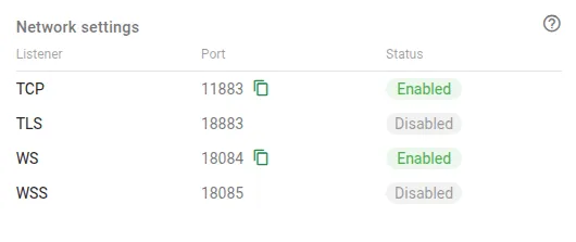 Network settings card showing listener ports and status