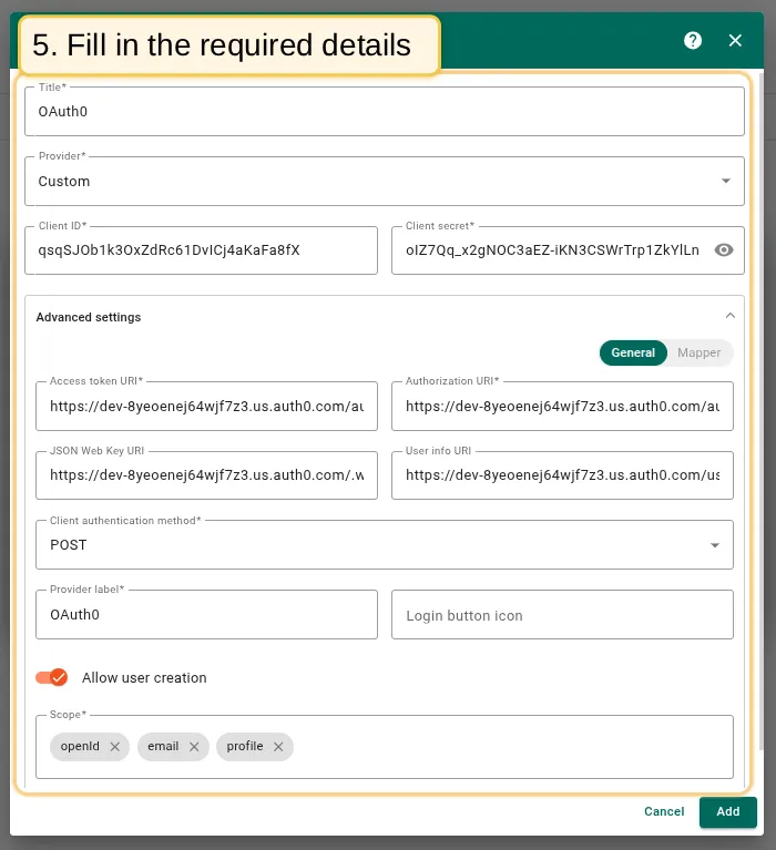 Configure Auth0 OAuth 2.0 client with URLs and scopes