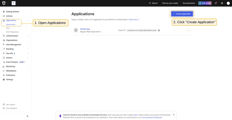 Create Application in Auth0 Management Console