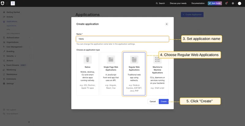 Name application TBMQ and choose Regular Web Applications