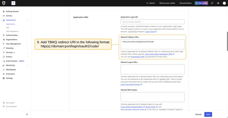 Update Allowed Callback URLs with TBMQ redirect URI