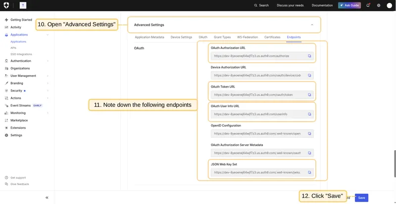 Find endpoint URLs in Advanced Settings and save changes