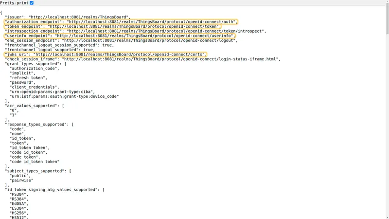 OpenID Endpoint Configuration showing all required URLs