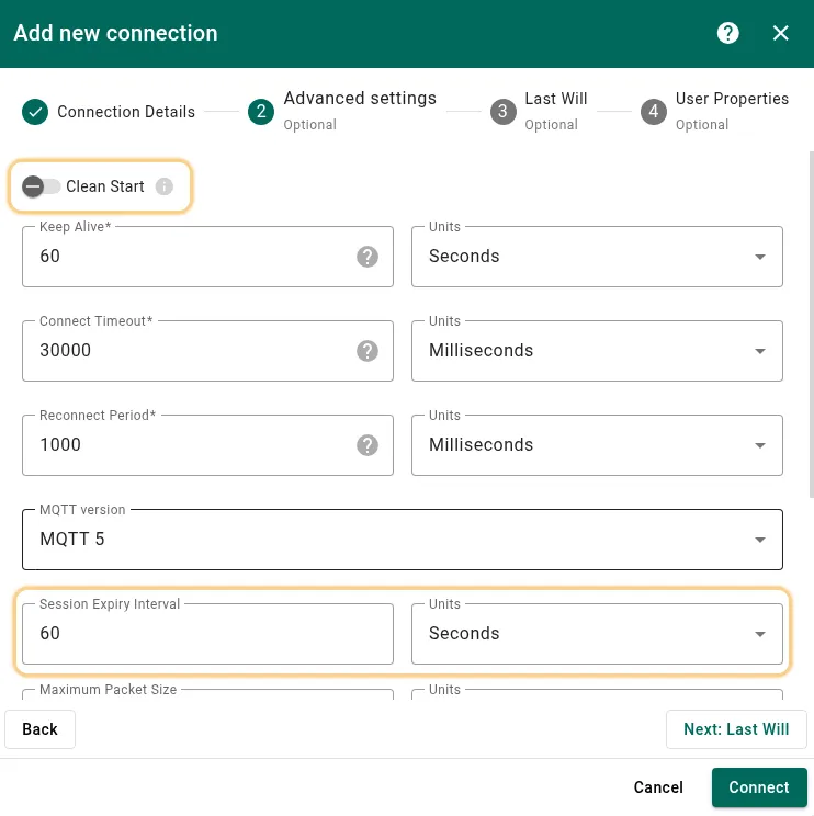 Step 1: configure persistent session settings and connect