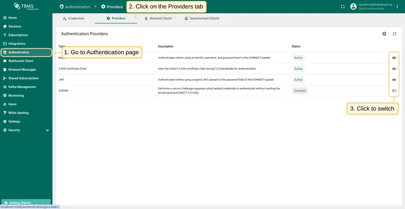 Toggle Basic authentication provider from the Providers table