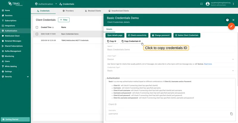 Copy Basic credentials ID from TBMQ UI