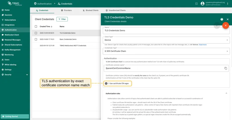 TLS authentication with Use certificate CN regex disabled — exact CN match