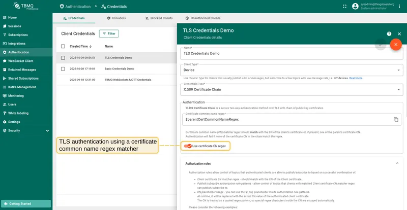 TLS authentication with Use certificate CN regex enabled — regex CN match