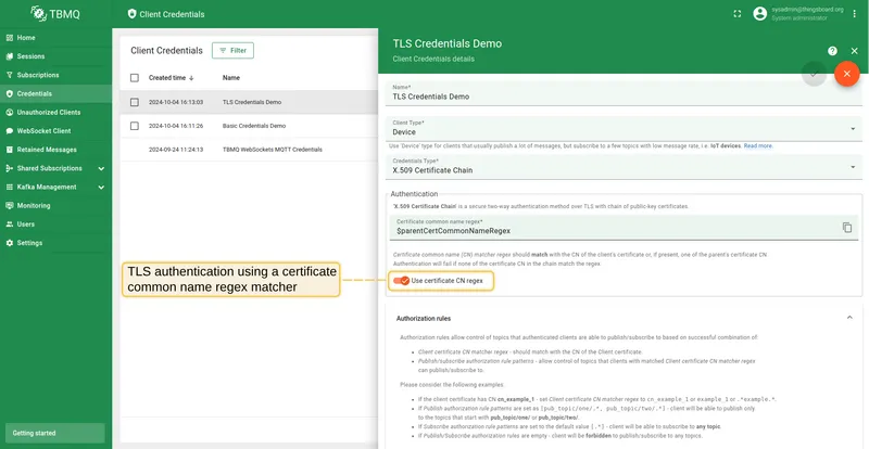TLS authentication with "Use certificate CN regex" enabled