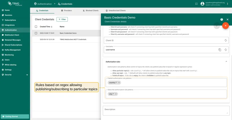 Authorization rule patterns for Basic credentials in TBMQ