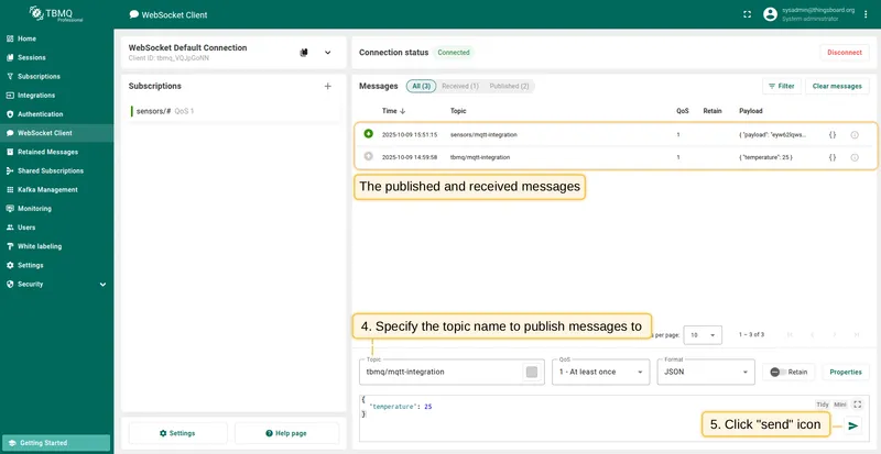 Set topic to tbmq/mqtt-integration and click Send