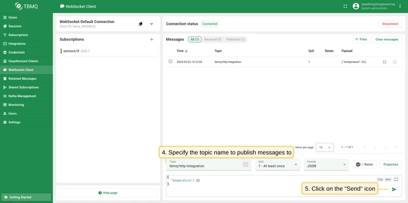 Set topic to tbmq/http-integration and click Send