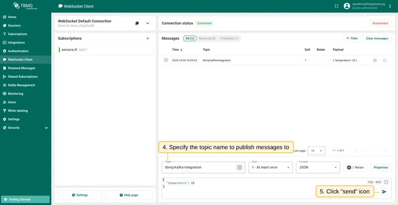 Set topic to tbmq/kafka-integration and click Send