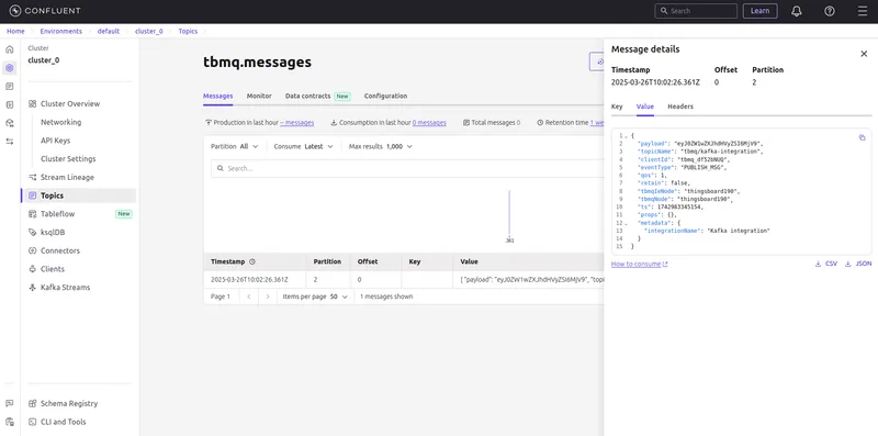 The message from TBMQ Kafka integration is available in the messages table