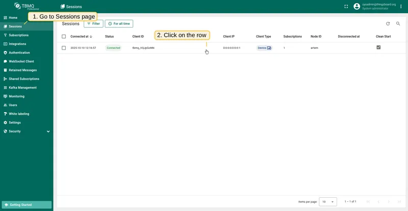 Navigate to Sessions page and click on a table row