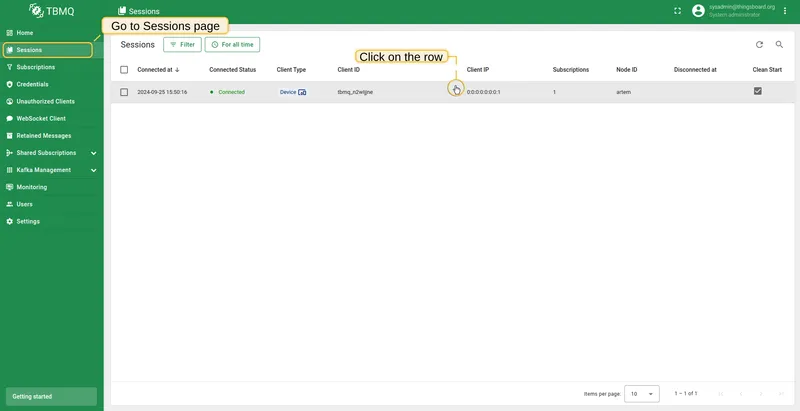 Navigate to Sessions page and click on a table row