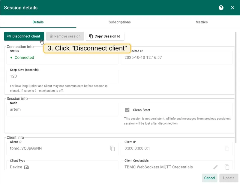 Click Disconnect client button to disconnect a connected client