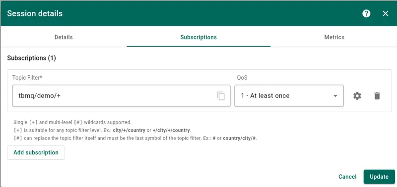 List of subscriptions for the session
