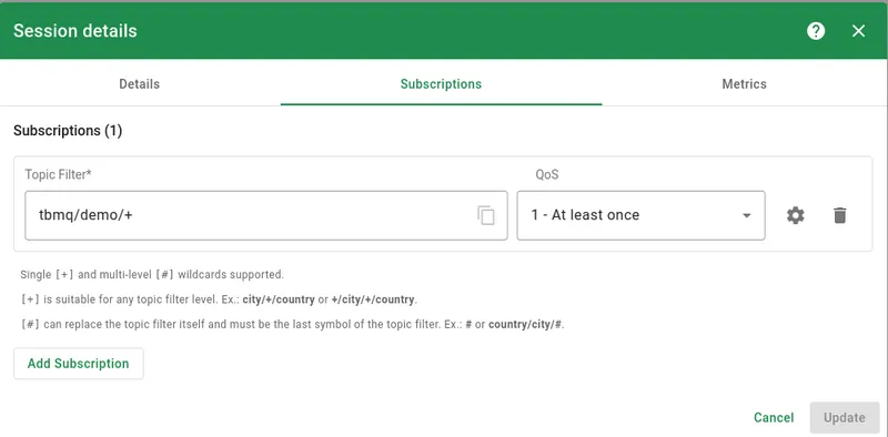 List of subscriptions for the session