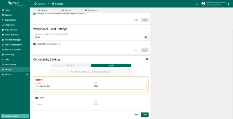 WS host changed to custom IP address
