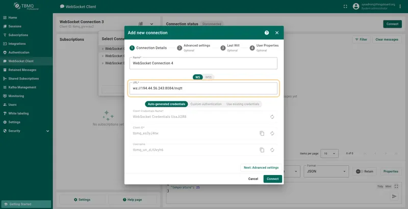 WebSocket connection window uses the new WS host