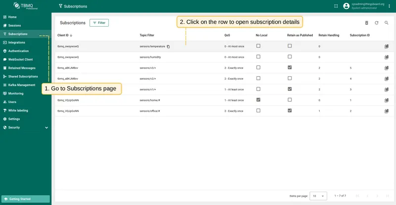 Open Subscriptions page and click on the table row