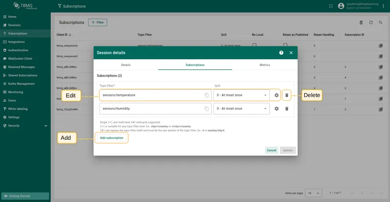 Add, edit, or remove subscriptions in the session details