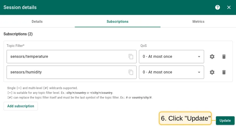 Click Update to apply subscription changes
