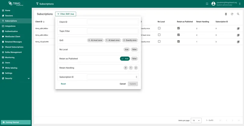 Filter window for the Subscriptions table