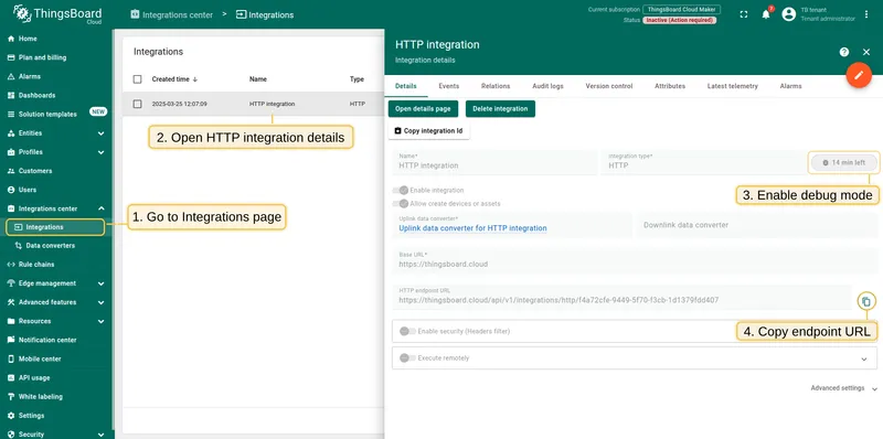 Copy HTTP endpoint URL from ThingsBoard Cloud integration details