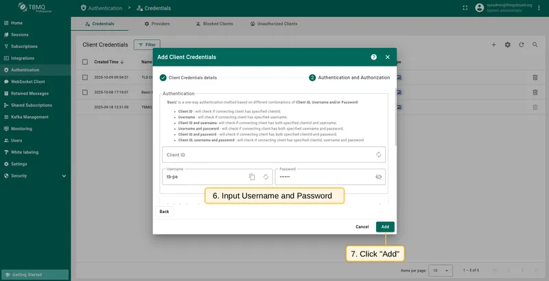 Enter Username and Password, then click Add