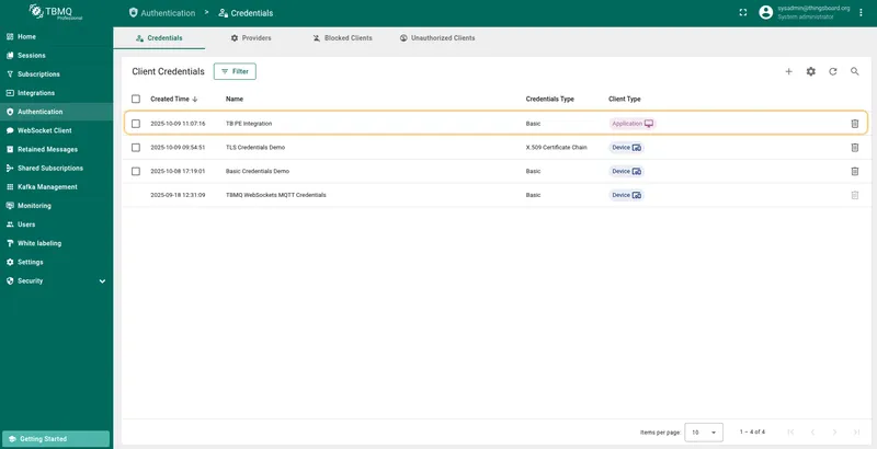 New APPLICATION client credentials created