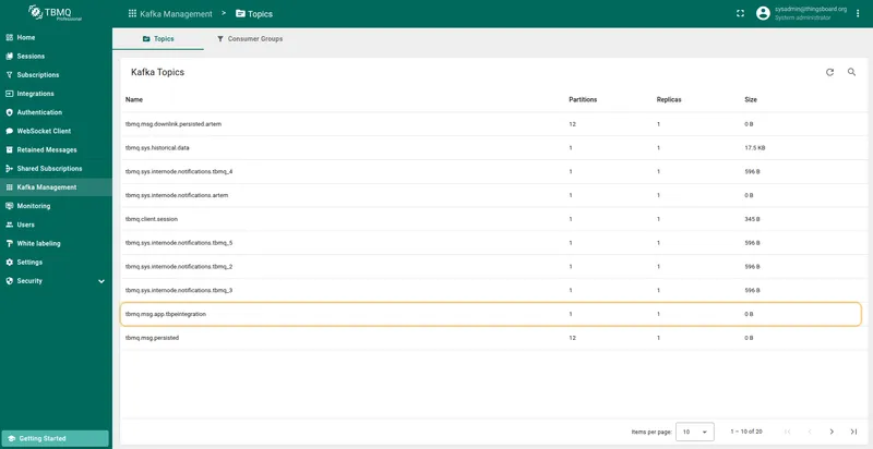 Kafka Topics page showing the tbpeintegration topic
