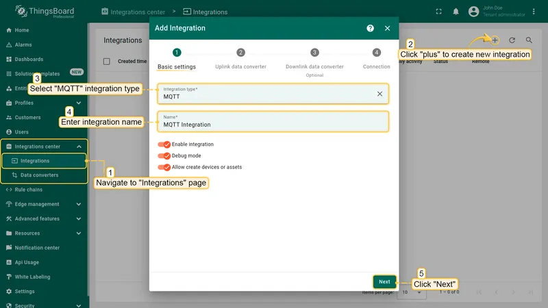 Create MQTT Integration in ThingsBoard — name and type