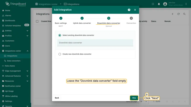 Leave downlink converter empty and click Skip