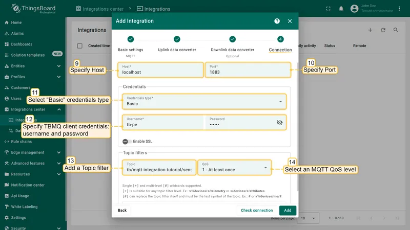 Specify TBMQ host, port, credentials and topic filter